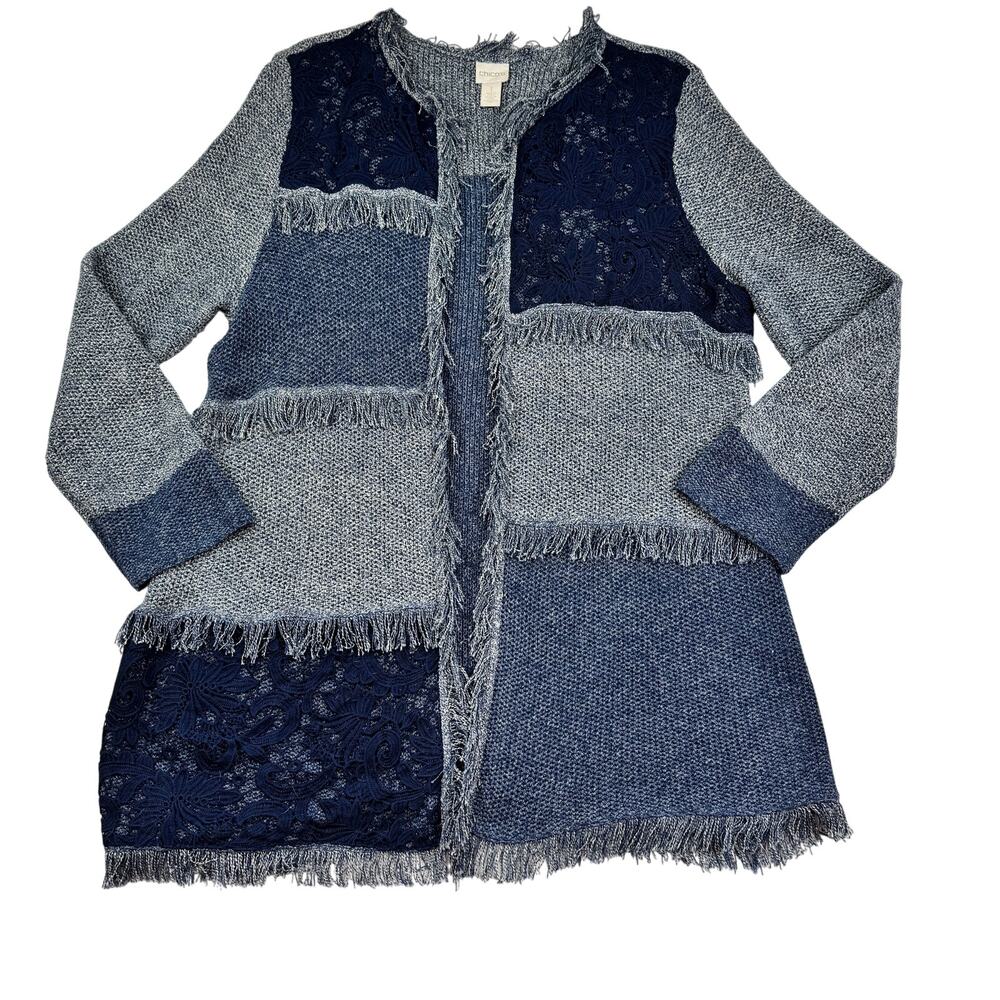 Chico's Boho Crochet Fringe Patchwork Long Line Cardigan Women's Size 2/Small